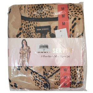 Room Service Pajama Set Women Tan (Leopard) Medium Notch Collar NWT
